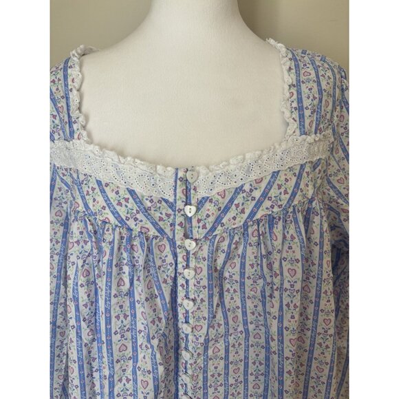 Lanz Of Salzburg Womens Size L Blue Floral Hearts Cotton Nightgown Long Sleeve - Picture 2 of 11